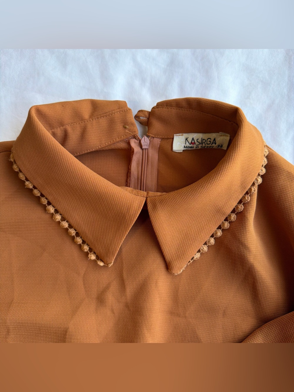 Women's Embroidered Collared Shift Dress - Rust Color - Picture 6 of 10